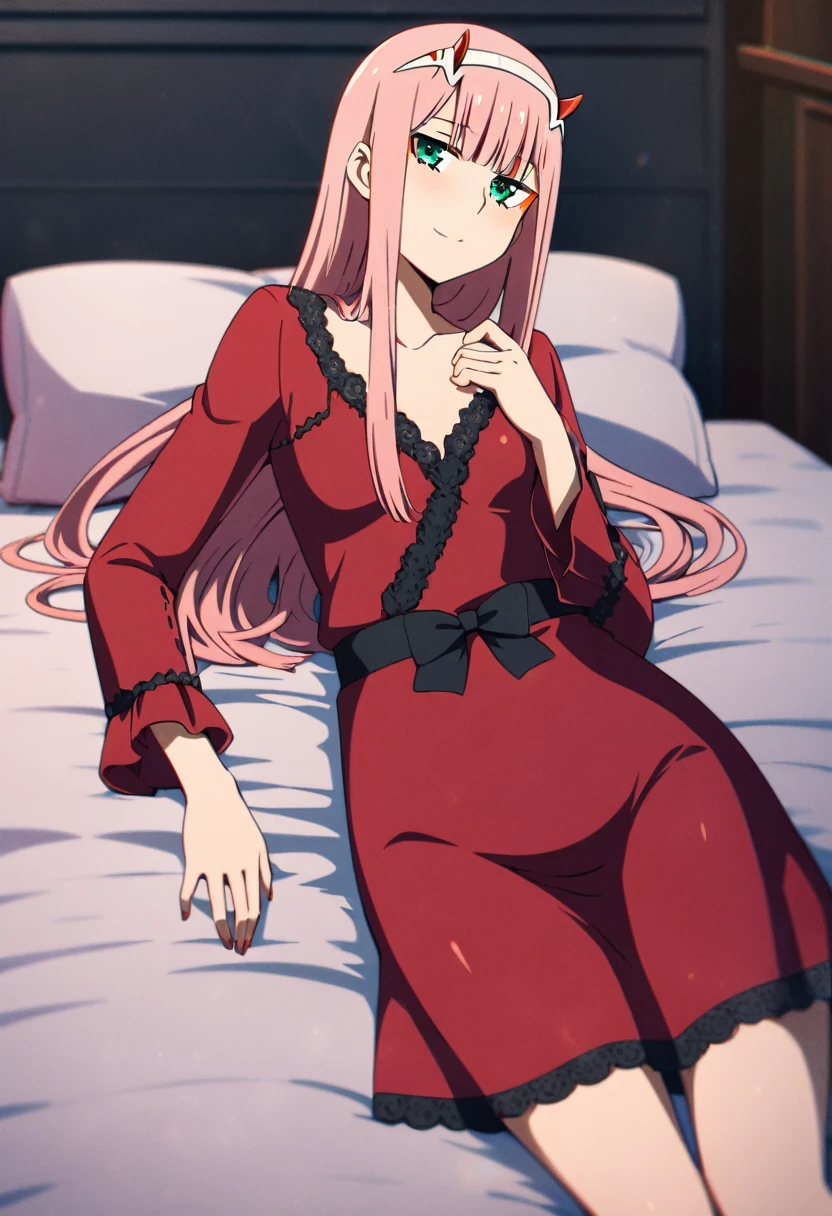 Anime girl Zero Two from Darling in the Franxx, with green eyes and a horn, long hair with bangs, lying on a bed and blushing while looking at viewers. She is wearing beautiful red nightwear with black detailing. Detailed and cozy indoor lighting, Anime style, character design by Atsushi Nishigori, artstation, digital painting, cinematic lighting, 4k resolution