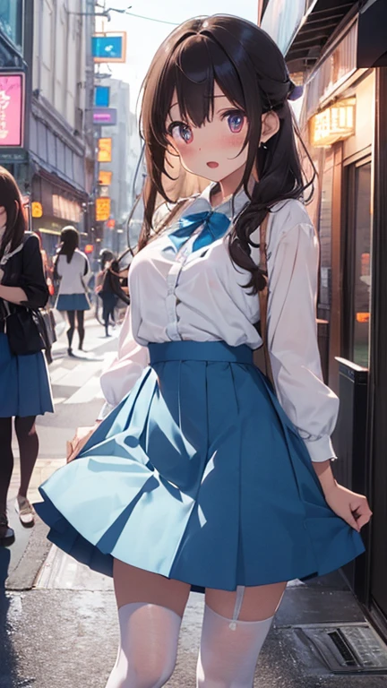 mastute piece,Best Quality,insanely detailed,8k cg,nsfw,
shoot full body,
1girl,standing,body in front,(white blouse shirt),break,(blue long skirt:1.3),break,(white tights), 
BREAK,
blush,shy,ecstasy face,gasping,(trembling:1.2),light brown hair,break,open mouth,(neon street:1.3),(love hotel:1.3),night,