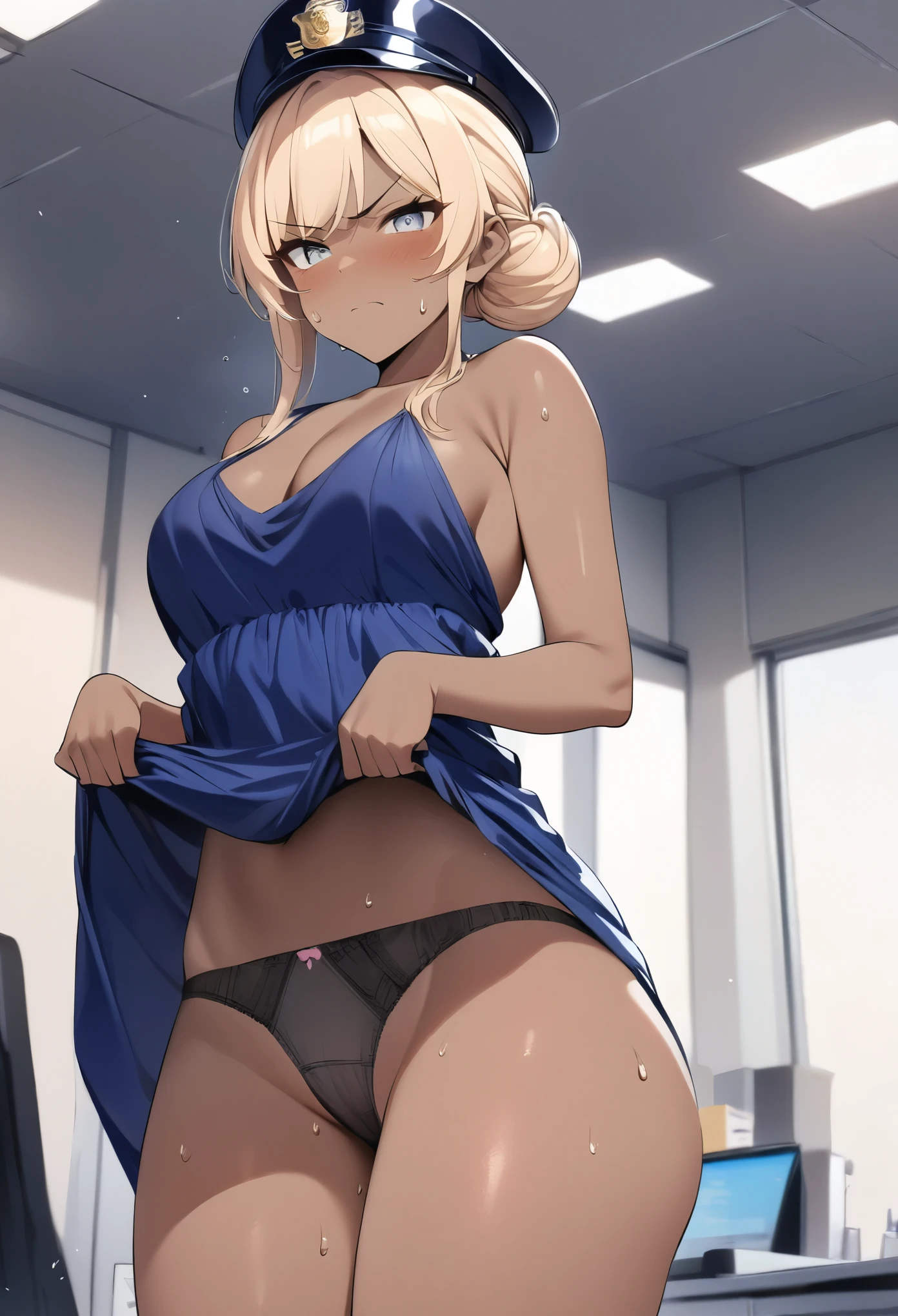(masterpiece, best quality:1.2),solo, (1 female,short hair)(Police),dark skin,sweating skin,in a office,(Wearing a loose police uniform),(Her hands lifted her dress to reveal her panties:1.7),Lower focus,(scowl, disdain, shaded, endured face)