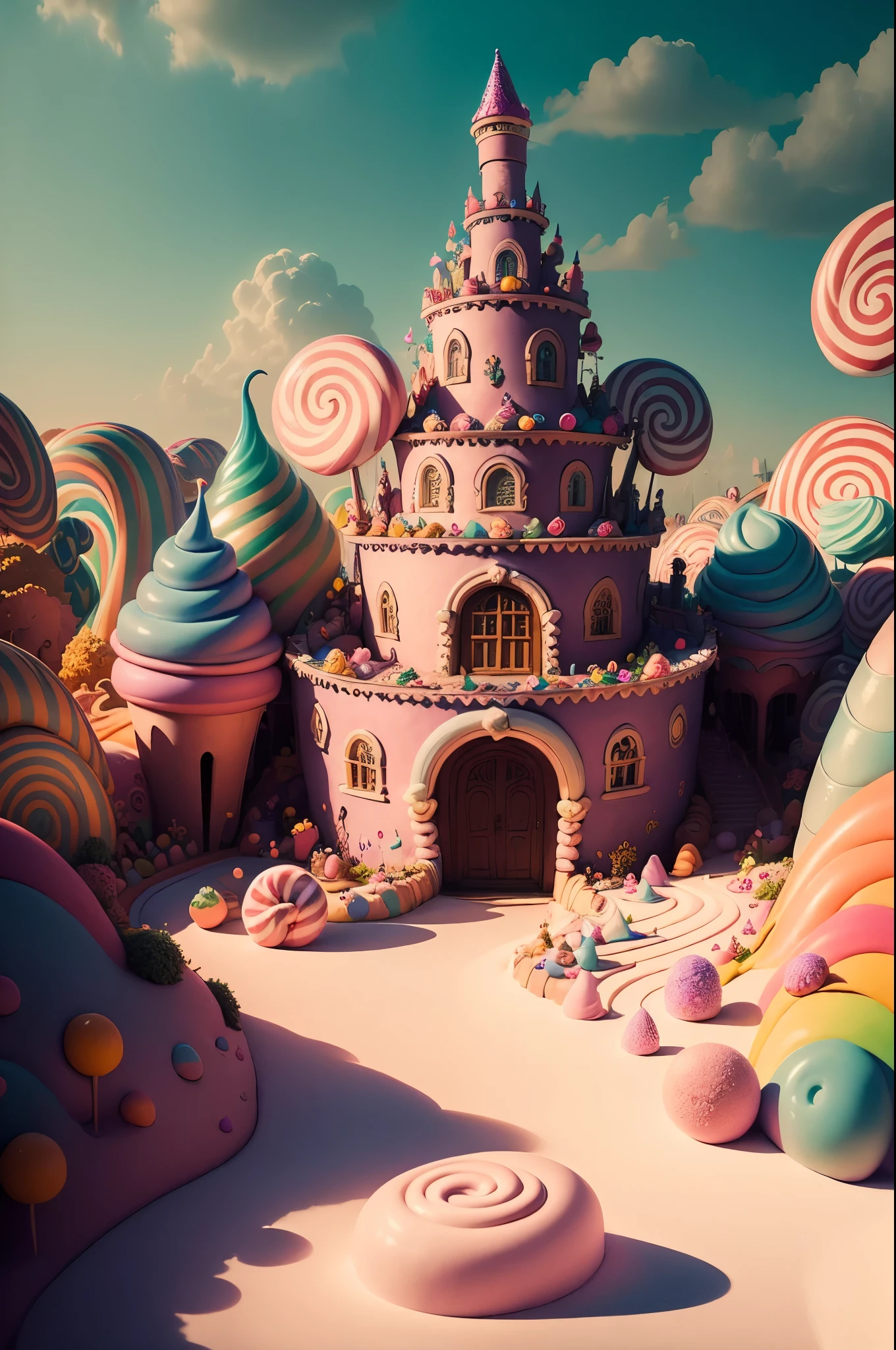 (Masterpiece, best quality:1.3), an (enchanted:1.3) (magical:1.3) (castle), full background, (candyland:1.5), ice cream, no humans, fantasy, rainbow, balloon, sharp focus, colorful, (shiny:1.2), natural lighting, cake, candy, atmosphere, (bloom:0.4), pastel colors, 