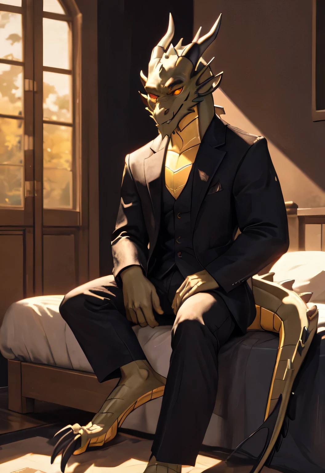 Western dragon，Height, thick legs, long legs，casual wear，bright golden eyes，toned body，Domineering and rigorous personality，sitting on bed，Handsome and charming，There is a scar on the face，full of sexual tension，dragon&#39;s tail，A serious look