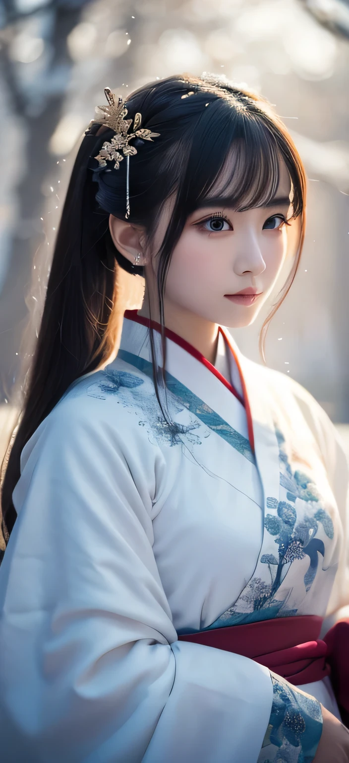 (best quality, 8k), snowy forest, close-up of a character, piercing gaze of a snow woman, inspired by Li Meiqi, influence by Cheng Yifei's work, traditional Chinese clothing, white Hanfu (Chinese traditional clothing), hone onna skeleton geisha, Japanese goddess, palace, a girl in Hanfu, a fusion of anime style and Fujifilm, Chinese fantasy