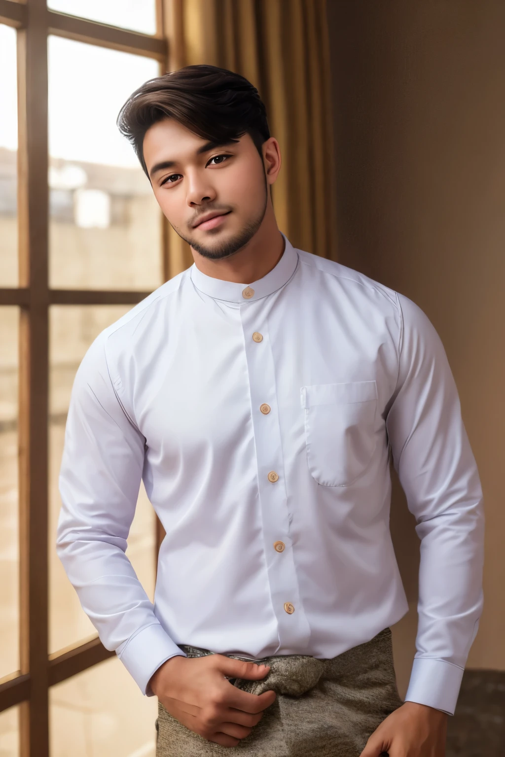 1boy, handsome male, face, beard, white background, amm mc outfit, acmm tp outfit, acmm cp outfit, wearing acmm top, very attractive, blurry_background, (high detailed skin:0.8), 8k uhd, dslr, soft lighting, HDR, warm light, high quality, film grain, Fujifilm XT3,