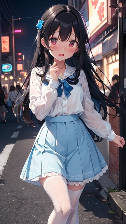 mastute piece,Best Quality,insanely detailed,8k cg,nsfw,
shoot full body,
1girl,standing,body in front,(white blouse shirt),break,(blue long skirt:1.3),break,(white tights),
BREAK,
blush,shy,ecstasy face,gasping,(trembling:1.2),black hair,break,open mouth,(neon street:1.3),(love hotel:1.3),night,