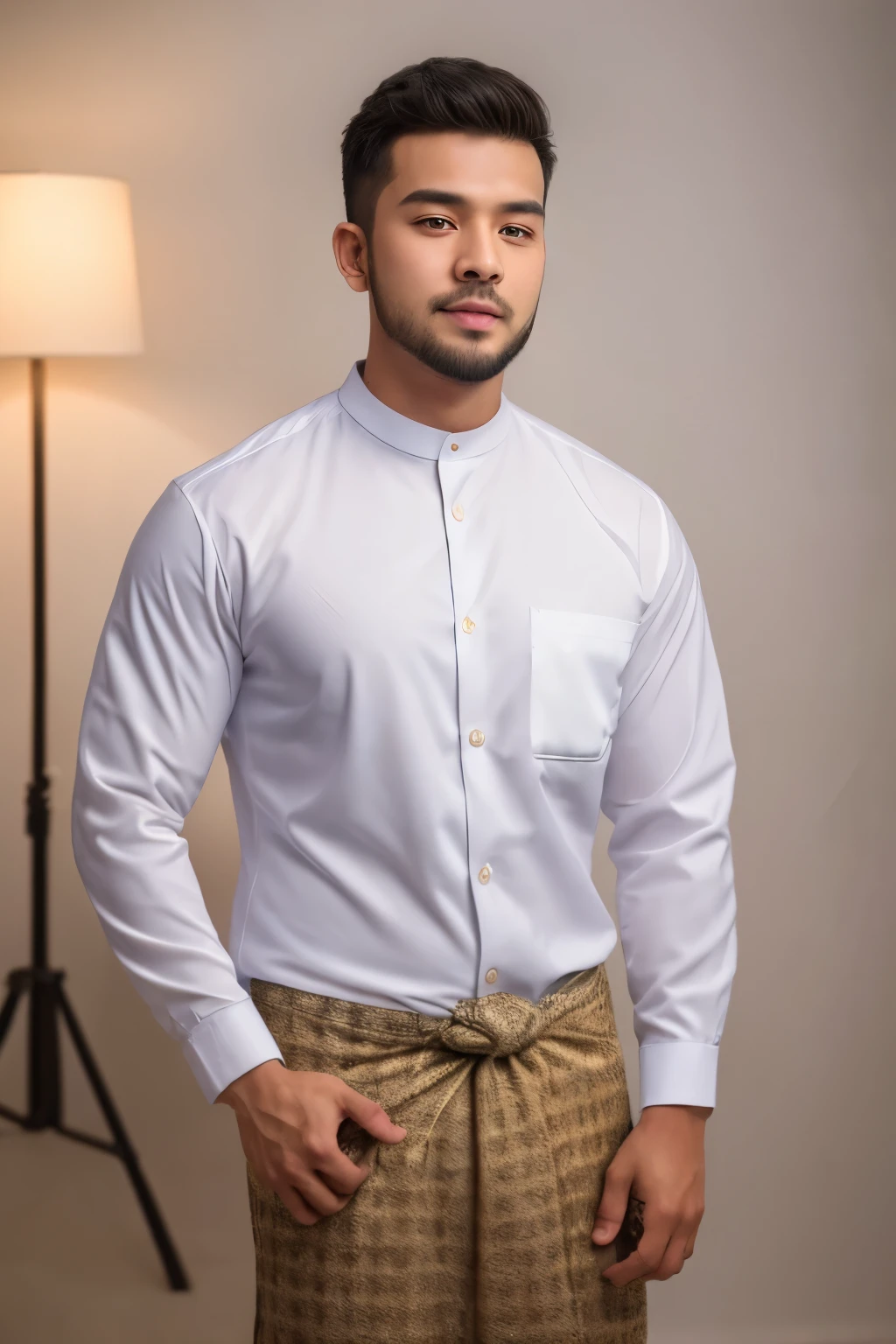 1boy, handsome muscular male, face, beard, white background, amm mc outfit, acmm tp outfit, acmm cp outfit, wearing acmm top, very attractive, blurry_background, (high detailed skin:0.8), 8k uhd, dslr, soft lighting, HDR, warm light, high quality, film grain, Fujifilm XT3,