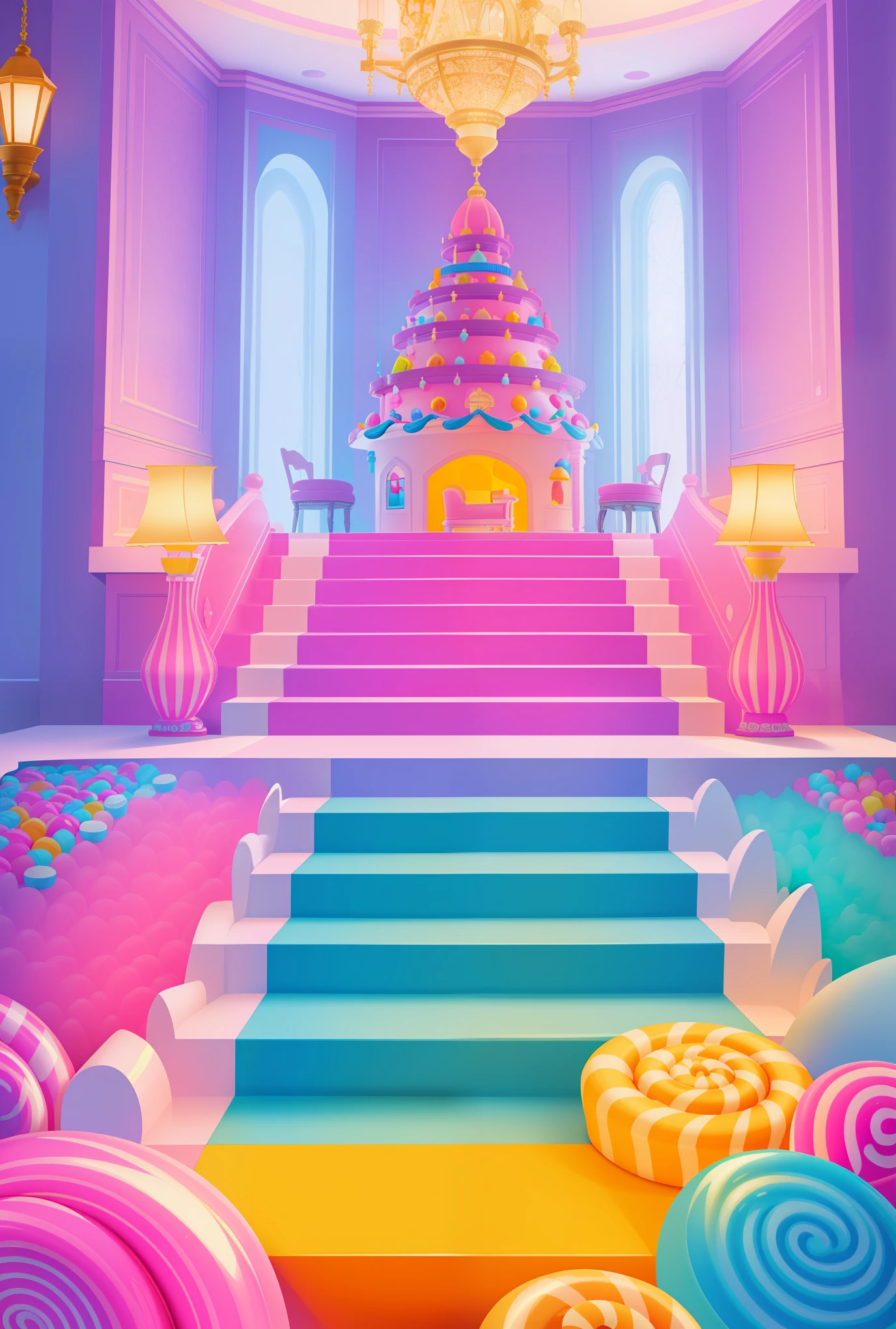 A candy castle filled with colorful candy mountains, candy rivers, candy trees, candy bridges, candy roads, candy buildings, candy sculptures, candy decorations, candy lanterns, candy flower beds, candy fountains, candy stairs, candy murals, candy seats, candy carpets, candy curtains, candy beds, candy dining tables, candy tableware, candy wine glasses, candy candle holders, candy fireplaces, candy wall lights, candy tapestries. The scene is dreamy, with rich details and vibrant colors, creating a sweet and whimsical atmosphere. The artwork is created with a mix of illustration and photography. The image is of best quality, ultra-detailed, photorealistic, and vividly colored, with studio lighting enhancing the overall composition and atmospheric lighting.