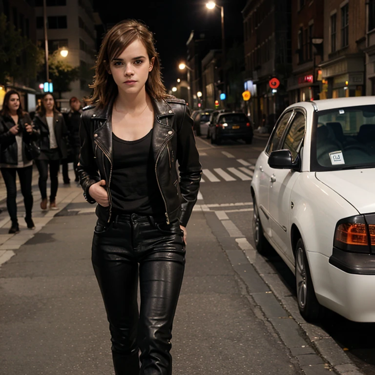 Emma Watson dressed in leather jacket and leather jeans