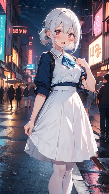 mastute piece,Best Quality,insanely detailed,8k cg,nsfw,
shoot full body,
1girl,standing,body in front,(white blouse shirt),break,(blue long skirt:1.3),break,(white tights), 
BREAK,
blush,shy,??????? face,gasping,(trembling:1.2),white hair,break,open mouth,(neon street:1.3),(love hotel:1.3),night,