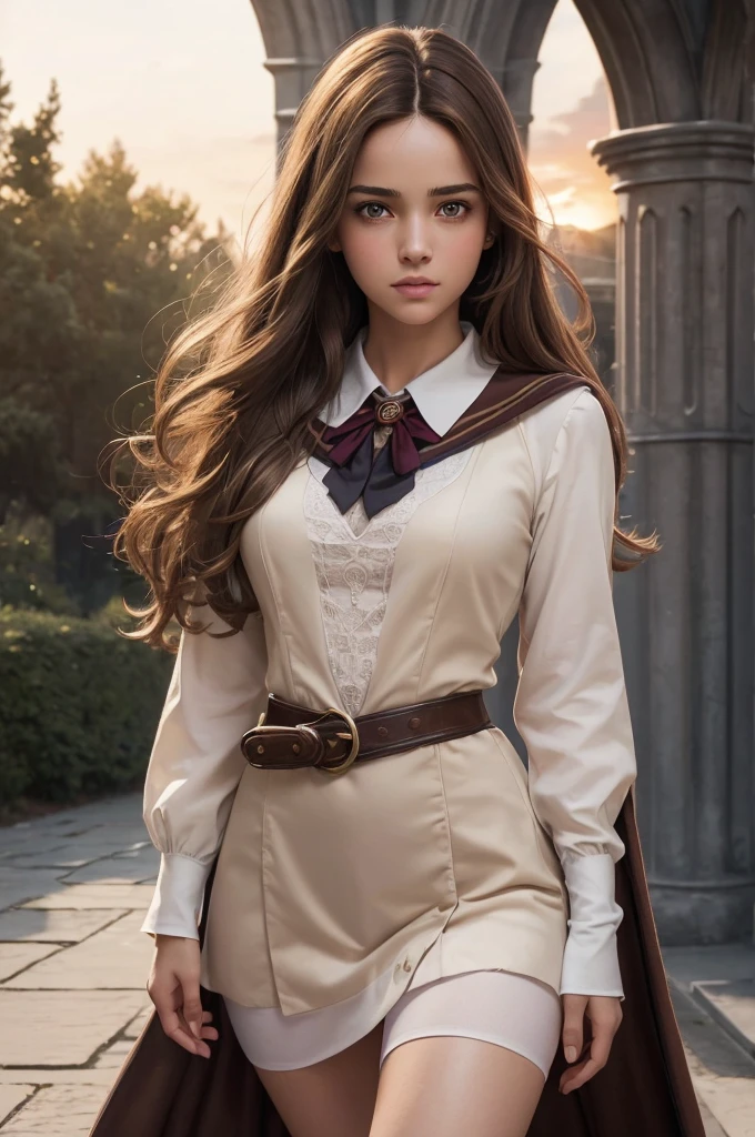 ((ultra quality)), ((masterpiece)), Hermione Granger, Harry Potter, An Epic Picture, ((brown-haired long hair)), (Beautiful face), (beautiful female lips), (), charming, (), looks at the camera, eyes slightly open, (skin color white), (White skin), glare on the body, ((detailed beautiful female eyes)), (eye color - brown), (juicy female lips), (dark eyeliner), (beautiful female hands), ((ideal female figure)), ideal female body, (), beautiful waist, gorgeous thighs, beautiful medium breasts, ((subtle and beautiful)), A seductive stance (), (dressed in Hogwarts school uniform) background: bridge on Hogwarts grounds, Beautiful sunset, ((depth of field)), ((high quality clear image)), (clear details), ((high detail)), realistically, professional photo session, ((Clear Focus)).
