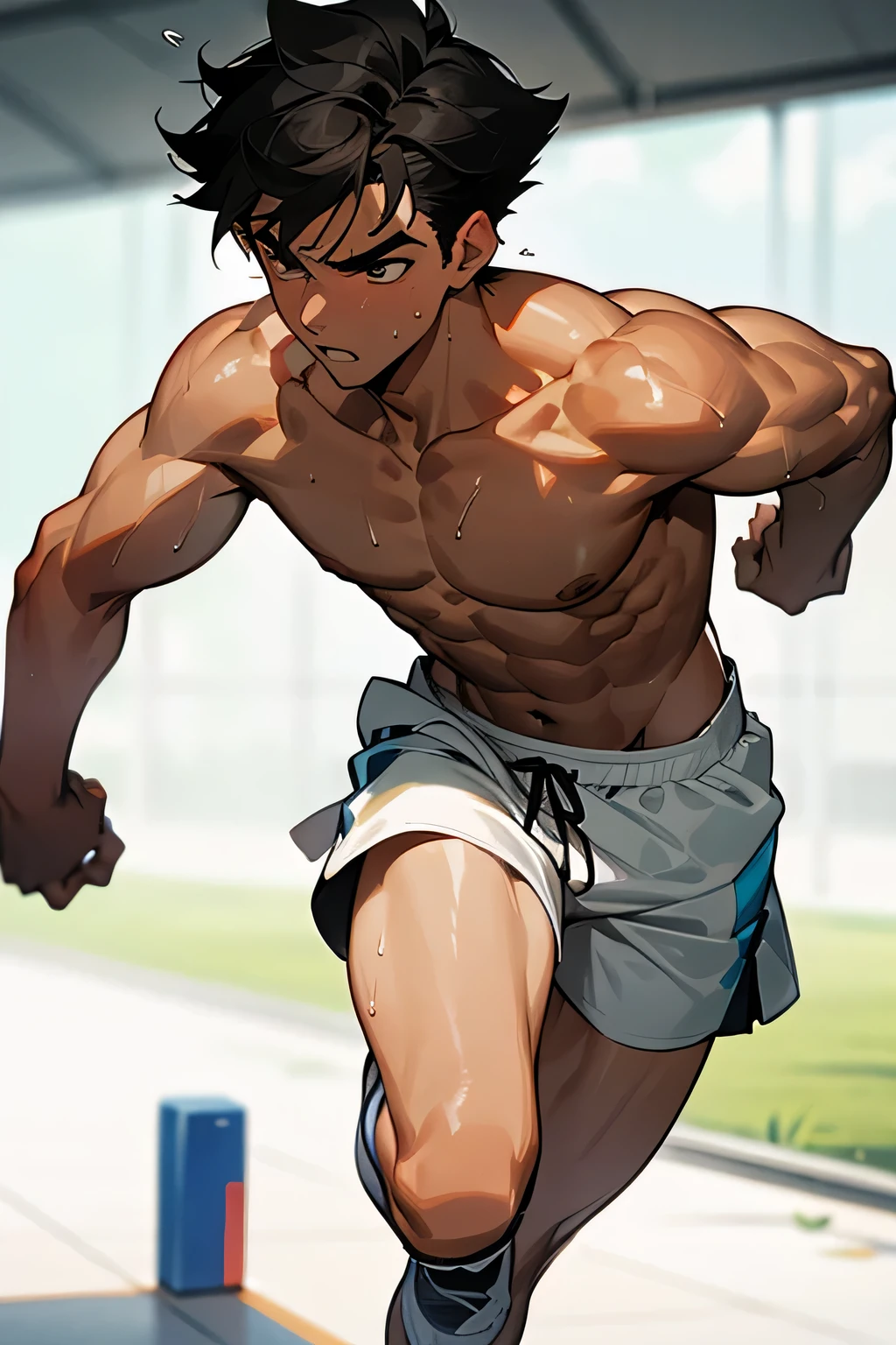 shirtless, super muscular, sweat-drenched body, 22-year old short black hair handsome male wearing sweat-drenched white soccer shorts and shoes, running, playing soccer on the field
