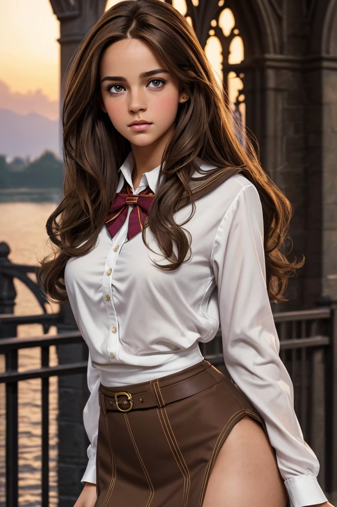 ((ultra quality)), ((masterpiece)), Hermione Granger, Harry Potter, An Epic Picture, ((brown-haired long hair)), (Beautiful face), (beautiful female lips), (), charming, (), looks at the camera, eyes slightly open, (skin color white), (White skin), glare on the body, ((detailed beautiful female eyes)), (eye color - brown), (juicy female lips), (dark eyeliner), (beautiful female hands), ((ideal female figure)), ideal female body, (), beautiful waist, gorgeous thighs, beautiful medium breasts, ((subtle and beautiful)), A seductive stance (), (dressed in Hogwarts school uniform) background: bridge on Hogwarts grounds, Beautiful sunset, ((depth of field)), ((high quality clear image)), (clear details), ((high detail)), realistically, professional photo session, ((Clear Focus)).
