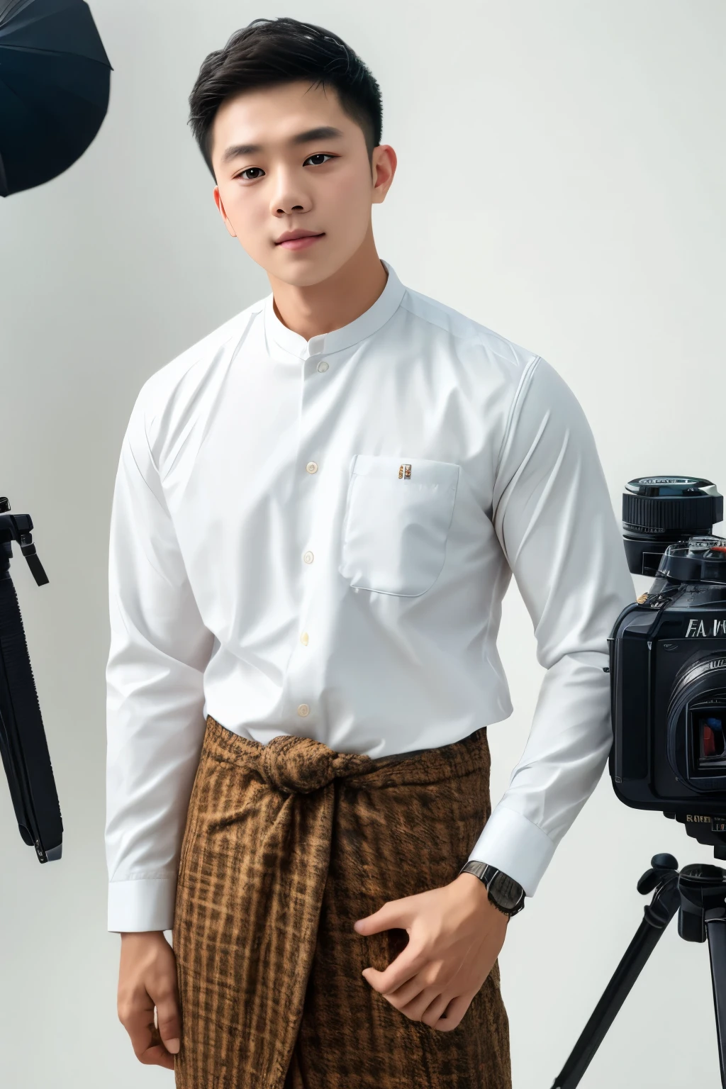 1boy, handsome muscular male, face, white background, amm mc outfit, acmm tp outfit, acmm cp outfit, wearing acmm top, very attractive, blurry_background, (high detailed skin:0.8), 8k uhd, dslr, soft lighting, HDR, warm light, high quality, film grain, Fujifilm XT3,