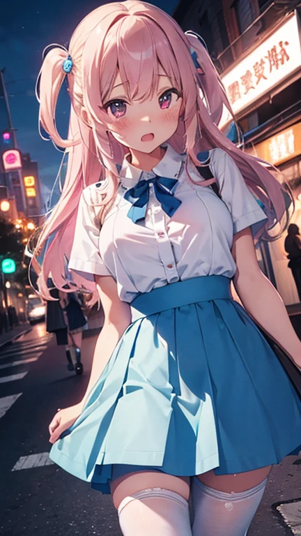 mastute piece,Best Quality,insanely detailed,8k cg,nsfw,
shoot full body,
1girl,standing,body in front,(white blouse shirt),break,(blue long skirt:1.3),break,(white tights),
BREAK,
blush,shy,ecstasy face,gasping,(trembling:1.2),pink,break,open mouth,(neon street:1.3),(love hotel:1.3),night,
