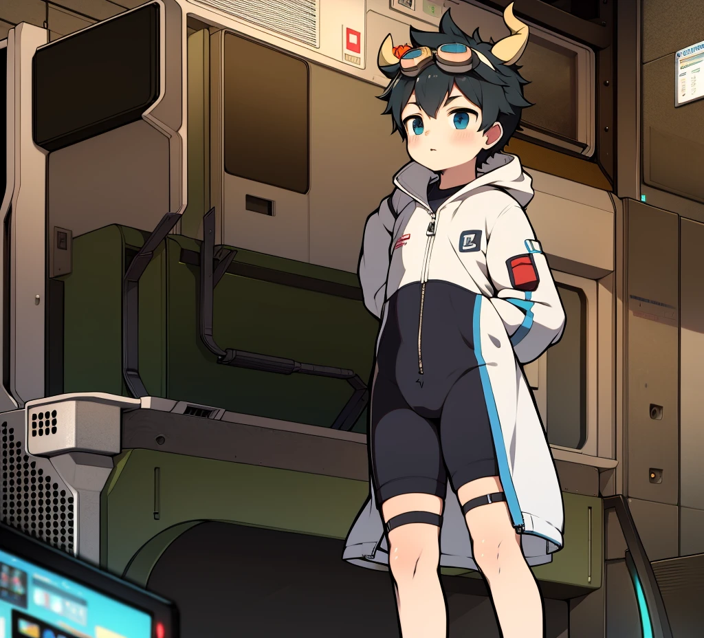 2D boy Shota,One-piece mountaineering suit,standing,goggles,horns,cow ears,sports shoes,white stockings,slim body,zipper opened,expression of enjoyment