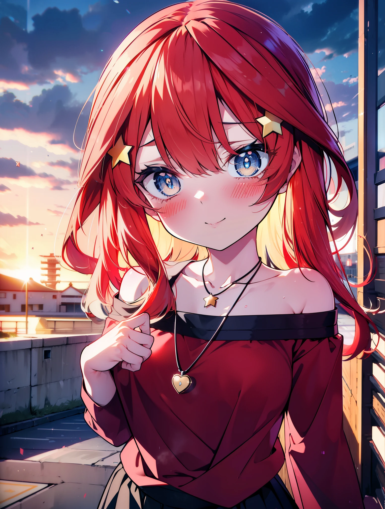 itsukinakano, itsuki nakano, bangs, blue eyes, hair between eyes, Ahoge, redhead, star \(symbol\happy smile, smile, open your mouth,embarrassing,blush, hair ornaments, star hair ornaments,red off shoulder sweater,bare shoulders,bare clavicle,naked neck,Heart Pendant Necklace,Black long skirt,Mini Boots,whole bodyがイラストに入るように,There are many shops,noon,太陽の光
break outdoors, station,square,
break looking at viewer,whole body (cowboy shot:1.5),
break (masterpiece:1.2), highest quality, High resolution, unity 8k wallpaper, (shape:0.8), (fine and beautiful eyes:1.6), highly detailed face, perfect lighting, Very detailed CG, (perfect hands, perfect anatomy),