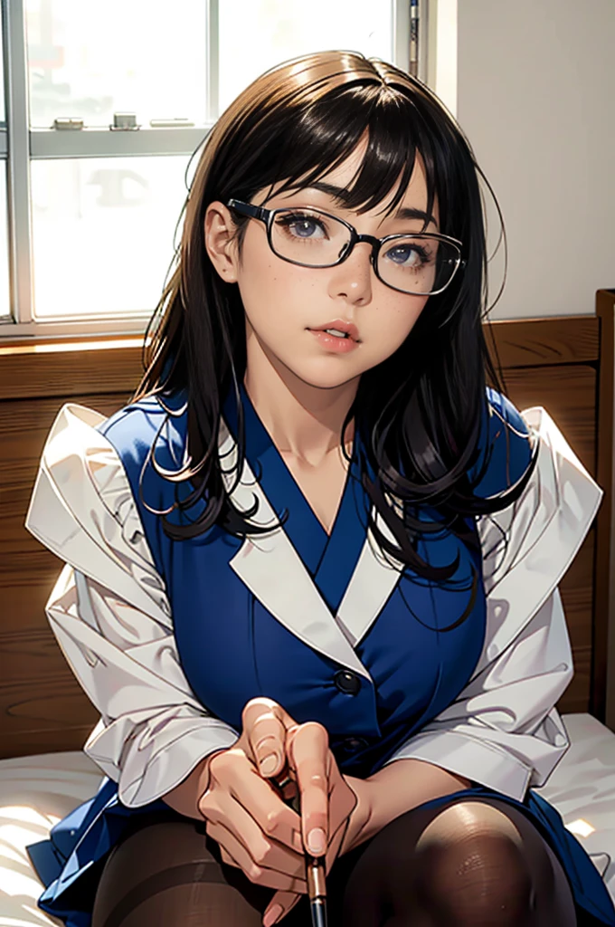 Japanese woman sitting on the bed with glasses on,Young beautiful girl gravure idol, 1,(Raw photo:1.2), (realistic:1.4), random pose,Meticulous beautiful girl, highly detailed eyes and face, detailed and beautiful eyes, absurd, incredibly ridiculous, huge file size, super detailed, High resolution, best quality,((Japanese girls' high school uniform)),enlightenment,cg,amazing cleavage,finely,best quality,face light,cinematic lighting, (wearing glasses),((pantyhose)),((sit with legs apart)),cute freckles.Mole under left eye,upward glance,