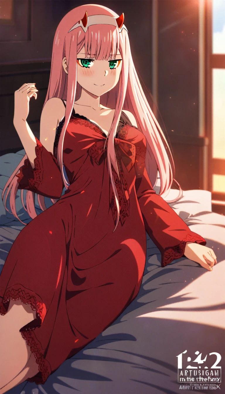 Anime girl Zero Two from Darling in the Franxx, with green eyes and a horn, long hair with bangs, lying on a bed and blushing while looking at viewers. She is wearing beautiful red nightwear with black detailing. Detailed and cozy indoor lighting, Anime style, character design by Atsushi Nishigori, artstation, digital painting, cinematic lighting, 4k resolution