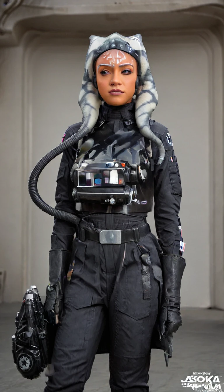 A beautiful sexy , ahsoka, dressed as tie pilot, (detailed realistic,4k,highres,masterpiece:1.2),