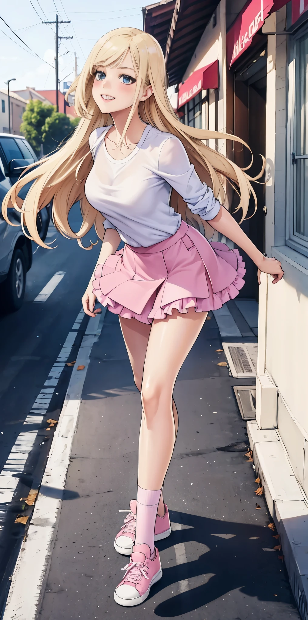 beautiful, (masterpiece:1.2), (best quality:1.2), Beautiful 10-year-old white girl with blue eyes, long swept-back straight blond hair, Happy), Pink and white frilly miniskirt, pink shirt, pink socks, white sneakers, California City background, daylight.