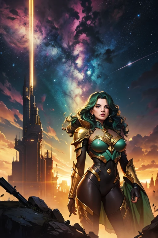 um close de uma mulher vestida de verde e amarelo, capa de quadrinhos de heavy metal, Barbarela, cinzas, arte oficial, panoramic panoramic view, Megadeth, matte coloring, 1970s, sindicato(2012), psionic, nebula, by Juan Gimenez, 1 9 7 0 s  