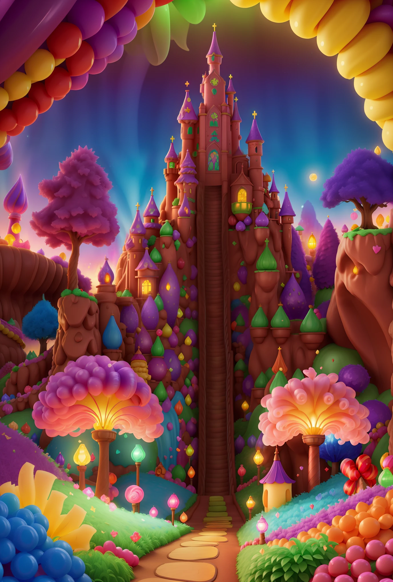 A magical candy factory with a chocolate waterfall, candy hills, and fantastical machinery, surrounded by a dreamlike, vibrant, and colorful atmosphere. The scene is exquisitely detailed and breathtaking, showcasing a hidden paradise with intricate details. The artwork is created with the medium of photorealistic 3D rendering, ensuring the best quality, ultradetailed, and high resolution outcome. The art style is a mix of fantasy and whimsical elements, enhanced by vivid colors and a surreal ambiance. The lighting casts a magical glow over the scene, emphasizing the enchanting beauty of the candy factory.