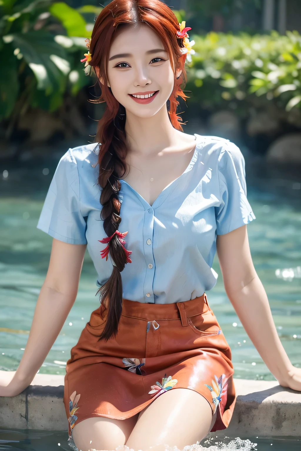beautiful girl, Wear a short-sleeved shirt with a Hawaiian flower pattern., blue short jeans skirt, Red hair braided in two braids, smile, laugh, Big chest 700 cc, Playing in the water, I'm wet., Wet clothes, half body