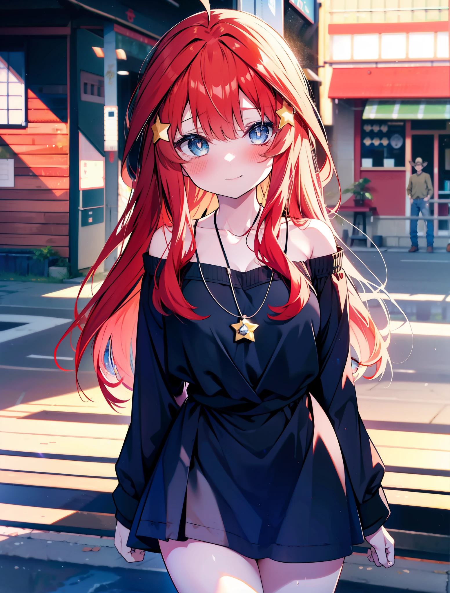 itsukinakano, itsuki nakano, bangs, blue eyes, hair between eyes, Ahoge, redhead, star \(symbol\happy smile, smile, open your mouth,embarrassing,blush, hair ornaments, star hair ornaments,red off shoulder sweater,bare shoulders,bare clavicle,naked neck,Heart Pendant Necklace,Black long skirt,Mini Boots,whole bodyがイラストに入るように,There are many shops,noon,Light of the sun,晴
break outdoors, station,square,
break looking at viewer,whole body (cowboy shot:1.5),
break (masterpiece:1.2), highest quality, High resolution, unity 8k wallpaper, (shape:0.8), (fine and beautiful eyes:1.6), highly detailed face, perfect lighting, Very detailed CG, (perfect hands, perfect anatomy),