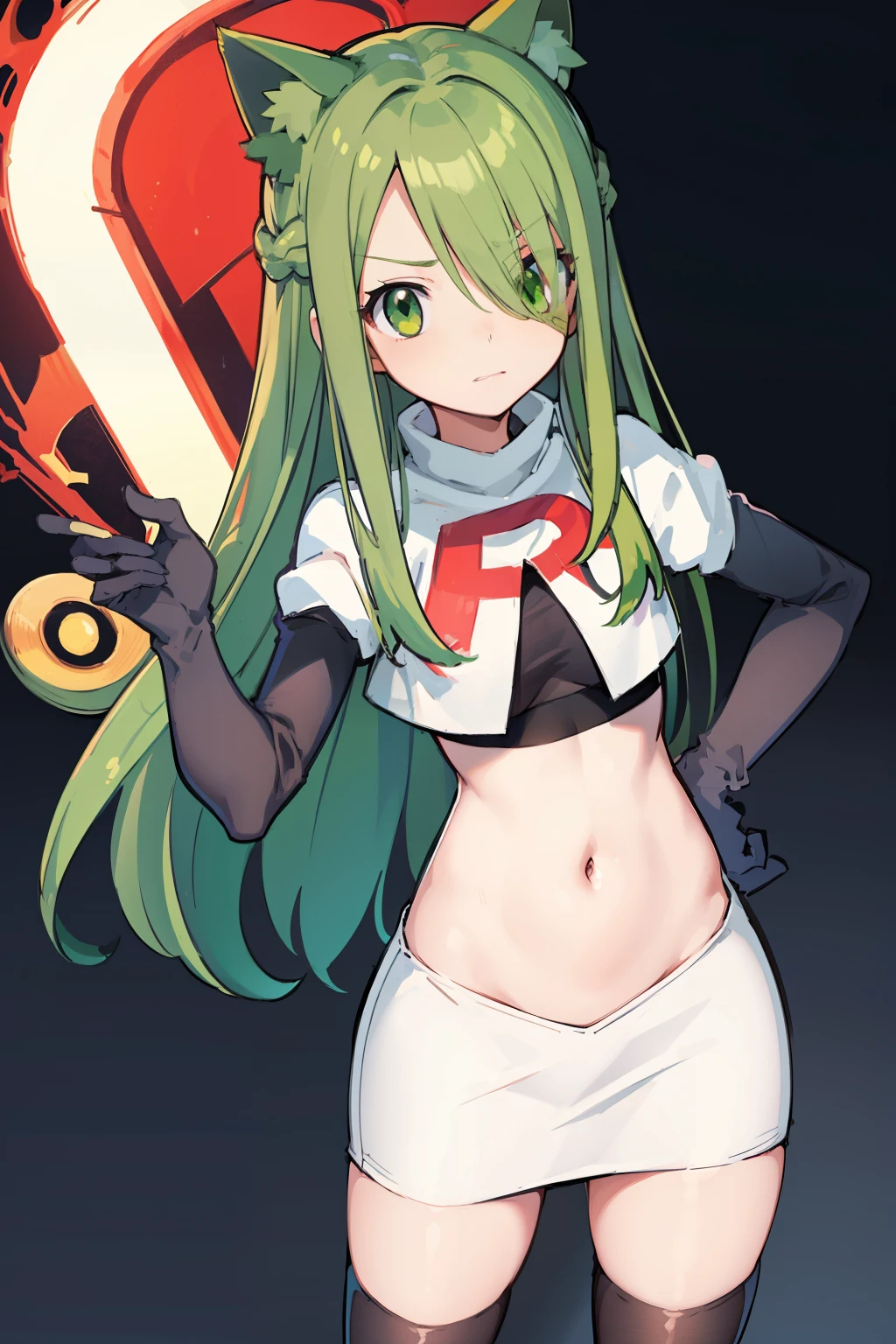 masterpiece, best quality, Izumi\(digimon\),hair over one eye, green eyes,green hair, long hair, 1girl, solo, team rocket,team rocket uniform, red letter R, white skirt,white crop top,black thigh-highs,black elbow gloves, cat hat