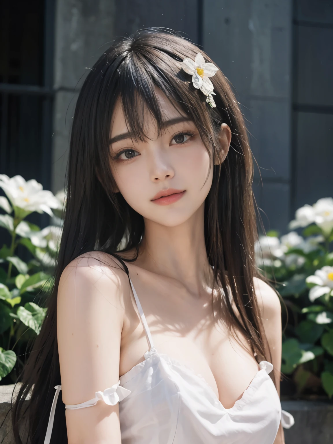 (ultra realistic) , (illustration), (increase resolution), (8K), (extremely detailed), (best illustration), (beautiful detailed eyes), (best quality), (ultra-detailed), (masterpiece), (wallpaper), (detailed face), solo,1 girl, looking at viewers, black straight hair, delicate details, in the dark, deep shadow, low key, pureerosfaceace_v1, happy smile, summer dress, full body, flower garden