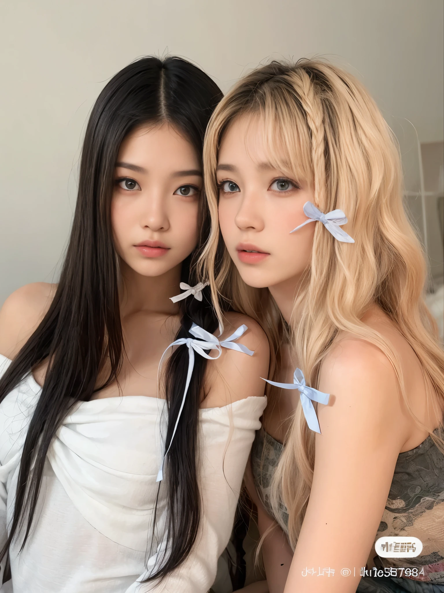 dos mujeres con cabello largo y lazos azules en la cabeza, ulzzang, nixeu y sakimichan, peinado de coletas, el corte de hime, peinado de dos colas, pelo de dos colores, hada, hermosos gemelos geminis, two peinado de coletas, maquillaje popular de corea del sur, estilo durazno y goma, con el pelo largo y blanco, peinado de corte hime blanco