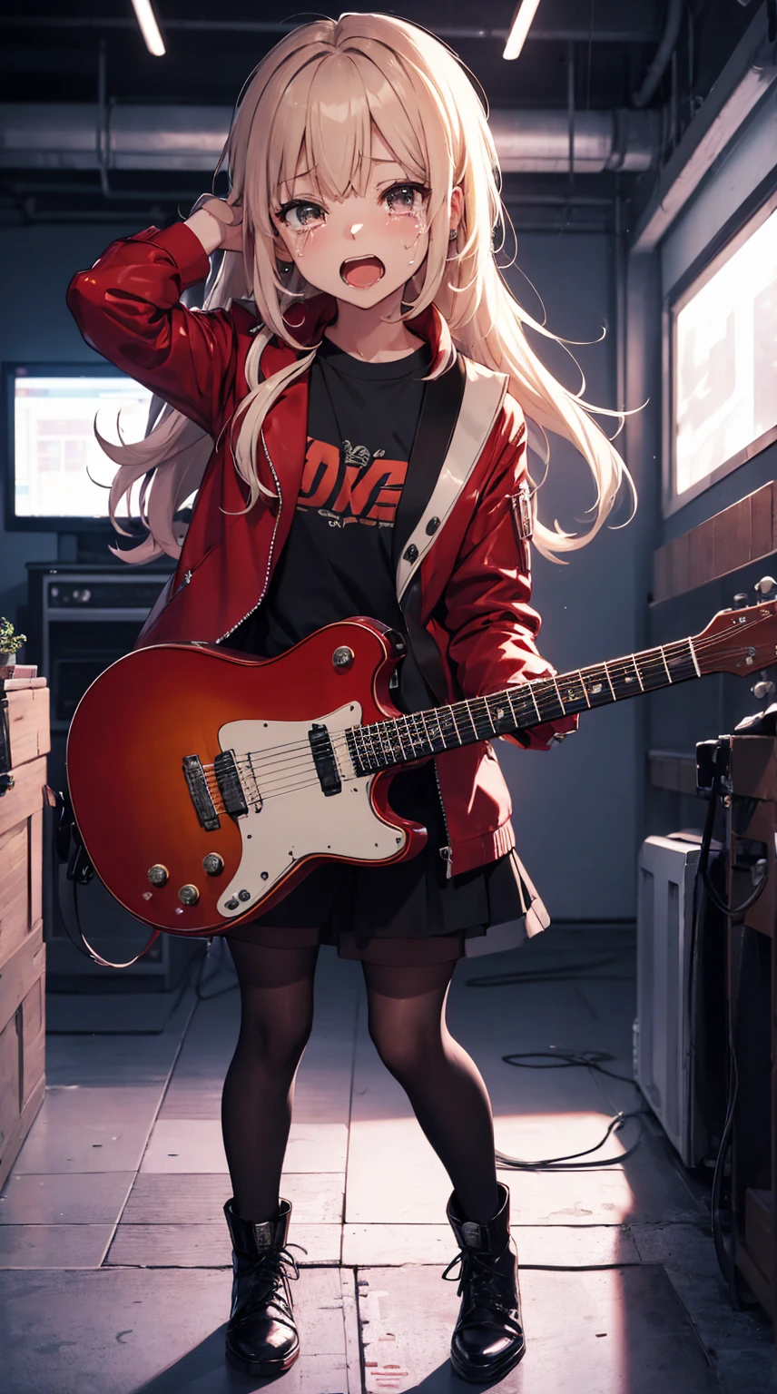 masterpiece,8k,top quality,full body:1.4,a girl in a red jacket, anime visual of a cute girl,crying mouth,with base guitar,girls band cry,