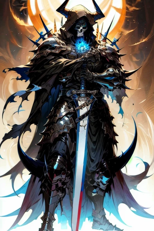 ha sang,1boy,skull mask,armor,male focus,solo,weapon,sword,spikes,looking at viewer,blue_fire,cloak,hood up,holding,(masterpiece), (best quality), HDR, intricate detail,