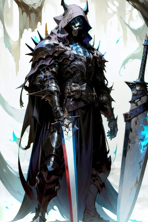 ha sang,1boy,skull mask,armor,male focus,solo,weapon,sword,spikes,looking at viewer,blue_fire,cloak,hood up,holding,(masterpiece), (best quality), HDR, intricate detail,