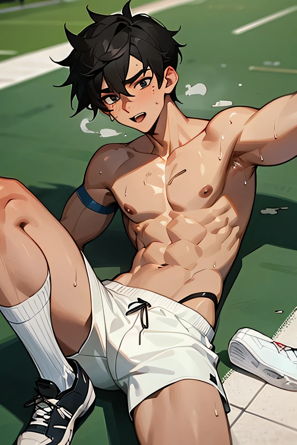 shirtless, super muscular, sweat-drenched body, 22-year old short black hair handsome male wearing sweat-drenched white soccer shorts and shoes, panting, resting on the ground of the soccer field soccer