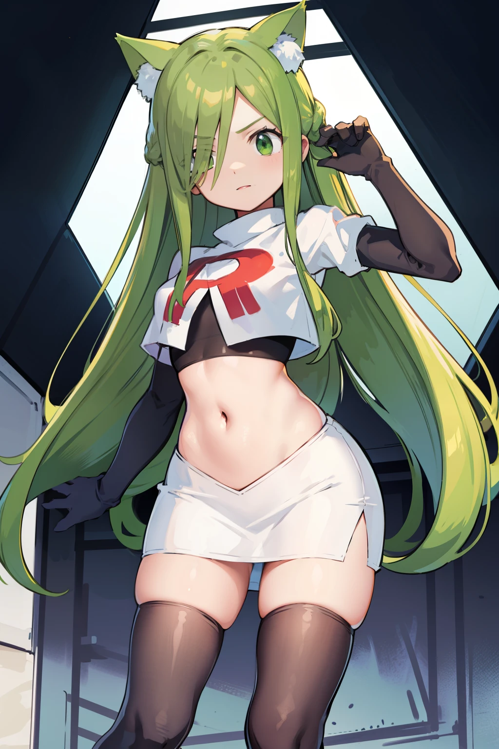 masterpiece, best quality, Izumi\(digimon\),hair over one eye, green eyes,green hair, long hair, 1girl, solo, team rocket,team rocket uniform, red letter R, white skirt,white crop top,black thigh-highs,black elbow gloves, cat hat