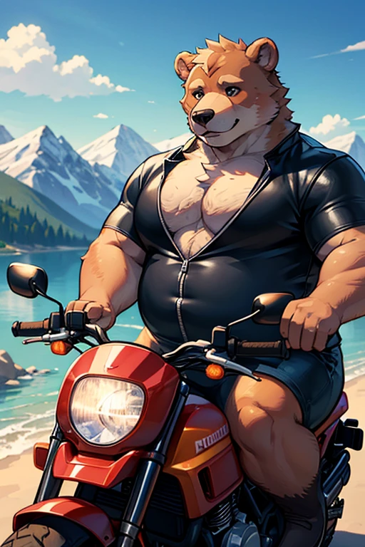 A furry, chubby, male bear enjoying a ride on a sport motorcycle with a beautiful mountain view and lakeside scenery. (best quality, 4k, highres, masterpiece:1.2), ultra-detailed, realistic, vibrant colors, bokeh, HDR, studio lighting, physically-based rendering, extreme detail description, professional, portraits