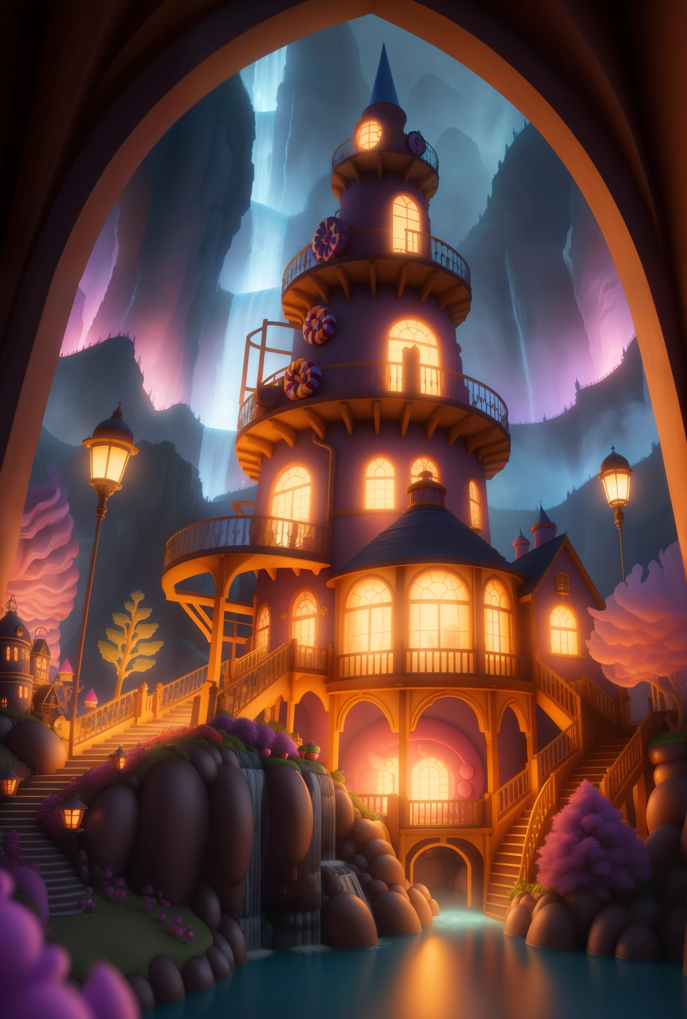 A magical candy factory with a chocolate waterfall, candy hills, and fantastical machinery, surrounded by a dreamlike, vibrant, and colorful atmosphere. The scene is exquisitely detailed and breathtaking, showcasing a hidden paradise with intricate details. The artwork is created with the medium of photorealistic 3D rendering, ensuring the best quality, ultradetailed, and high resolution outcome. The art style is a mix of fantasy and whimsical elements, enhanced by vivid colors and a surreal ambiance. The lighting casts a magical glow over the scene, emphasizing the enchanting beauty of the candy factory.