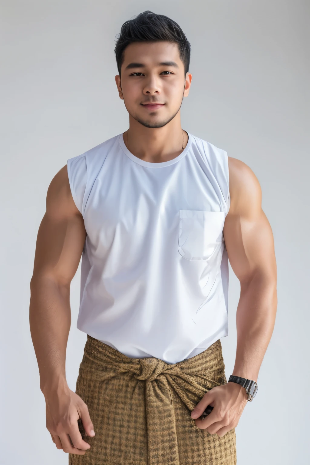 1boy, handsome body builder muscular male, broad shoulder, small waist, face, beard, white background, amm mc outfit, acmm tp outfit, acmm cp outfit, wearing acmm top, very attractive, blurry_background, (high detailed skin:0.8), 8k uhd, dslr, soft lighting, HDR, warm light, high quality, film grain, Fujifilm XT3,