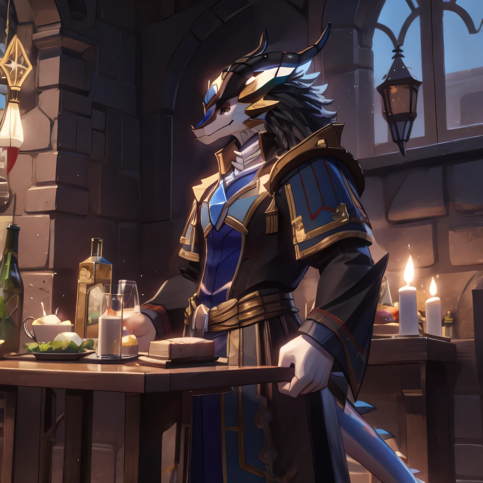 On the counter of a store filled with glowing potions,A giant dragon dressed in tight medieval clothing,There is a huge bulge,Greet you with a welcoming smile,side view