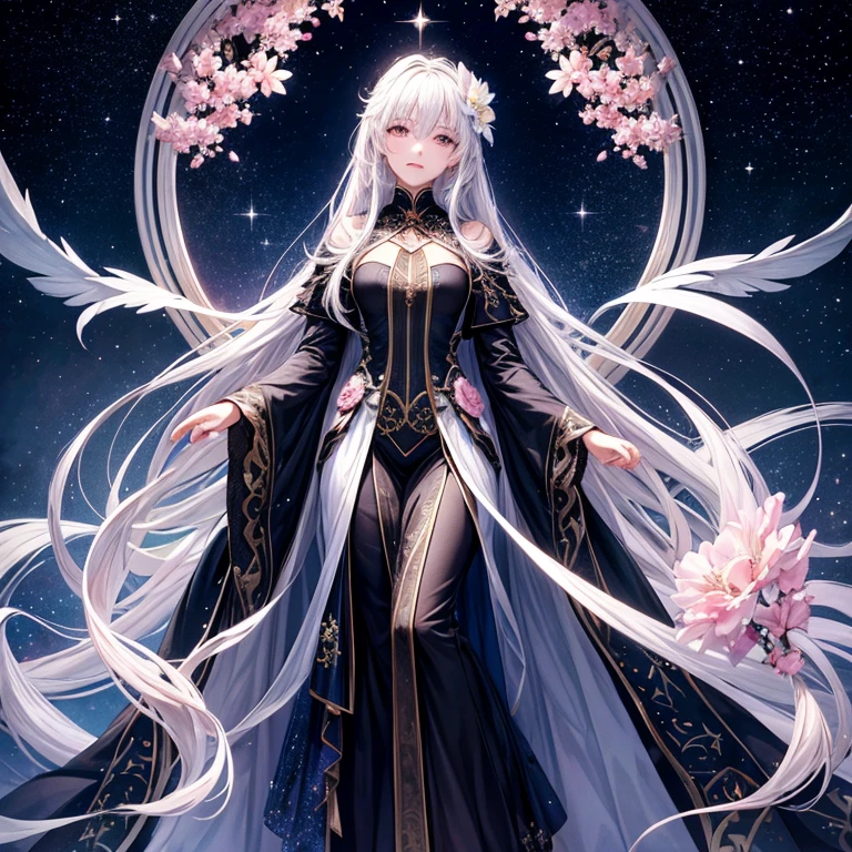 ((masterpiece, highest quality)), detailed face, very well-groomed face,full body esbian, Full of details, Multiple poses and expressions, very detailed, depth, many partagic Taoist,Holds a crystal wand,fantasy style,Very beautiful and mysterious,fantasy,rainbow colors，high balance, Natural light, black lace，black laceパンスト，starry sky,star decoration,Curtain of Stars,white building,By the window,white hair,Pink Lip,flower hair ornament,Blue and black thin long coat,full body angle