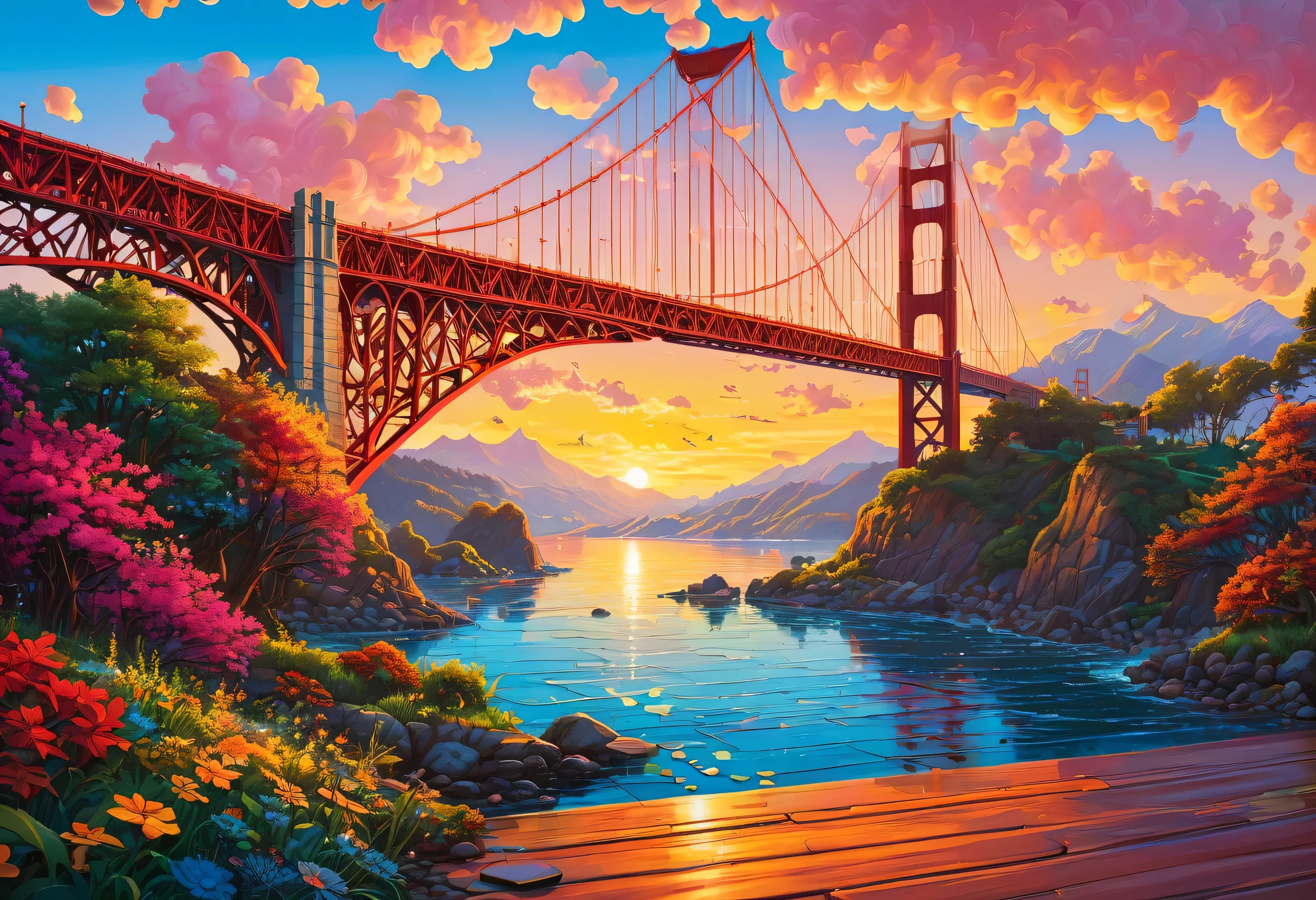 a brightly colored puzzle pieces surround a picture of a bridge, a jigsaw puzzle inspired by Dan Mumford, Shutterstock contest winner, Process Art, puzzle art, San Francisco, Dan Mumford and Albert Bierstadt, dan mumford and pixar, puzzle, Thomas Kinkade and Tristan Eaton, mysterious, golden gate, complex golden hour, masterpiece art work