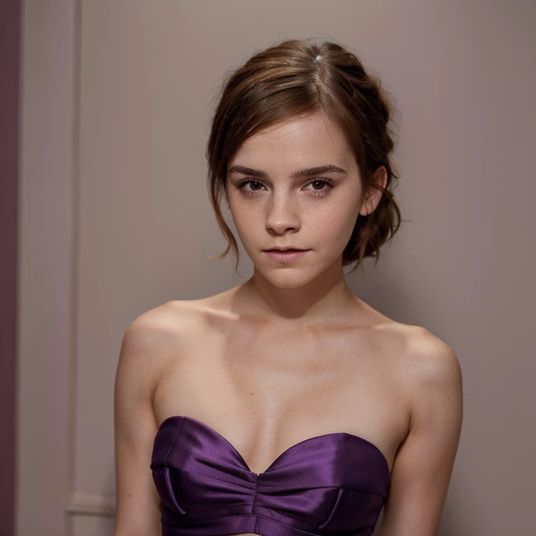 Emma Watson in a violet strapless dress with a v-neckline