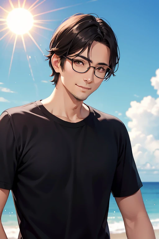adult male, 35 years old, dark brown eyes, with glasses, thin, no muscles, black hair, stare in front of the camera, realistic pictures, smile, blue sky, sun, Busamen,