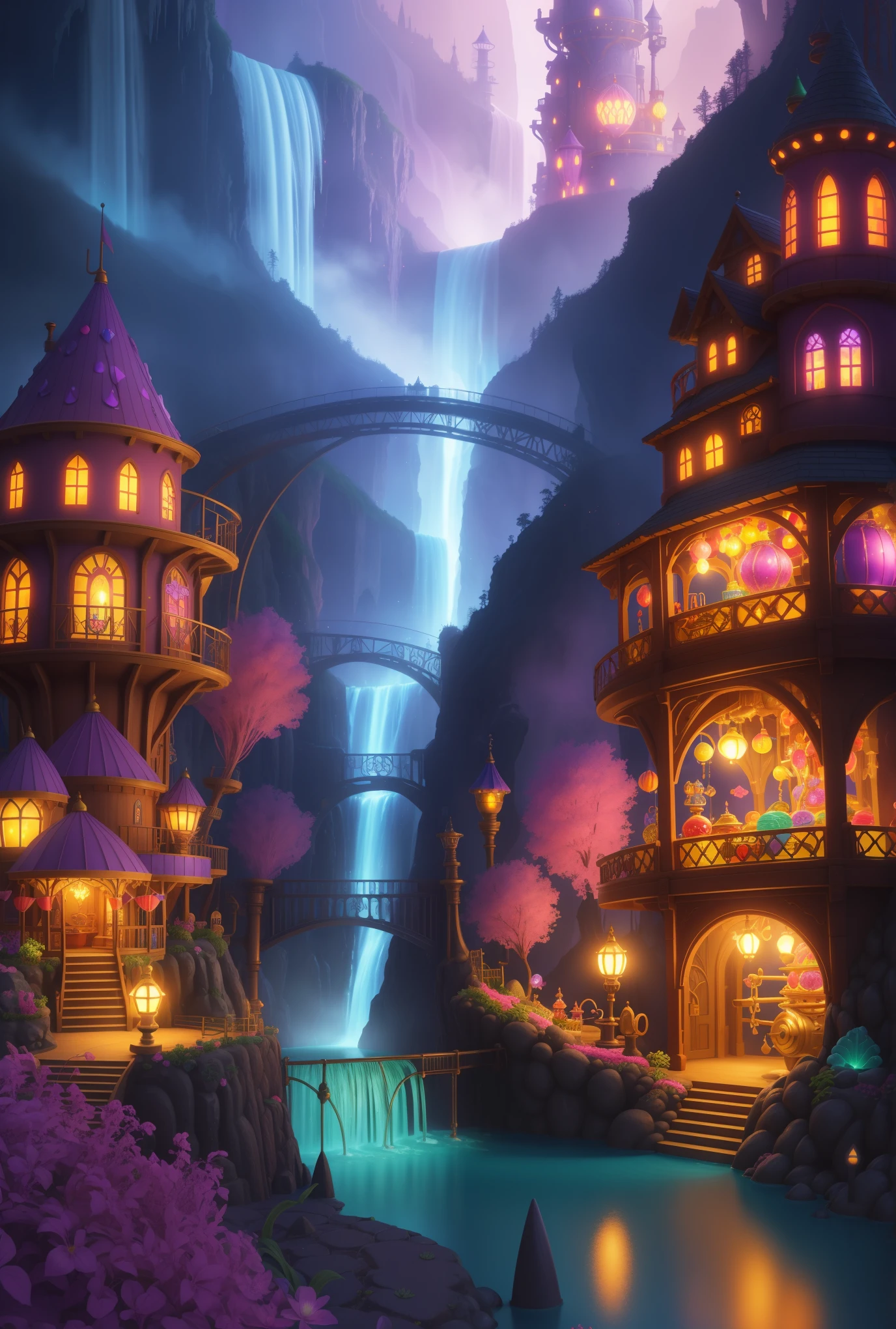 A magical candy factory with a chocolate waterfall, candy hills, and fantastical machinery, surrounded by a dreamlike, vibrant, and colorful atmosphere. The scene is exquisitely detailed and breathtaking, showcasing a hidden paradise with intricate details. The artwork is created with the medium of photorealistic 3D rendering, ensuring the best quality, ultradetailed, and high resolution outcome. The art style is a mix of fantasy and whimsical elements, enhanced by vivid colors and a surreal ambiance. The lighting casts a magical glow over the scene, emphasizing the enchanting beauty of the candy factory.