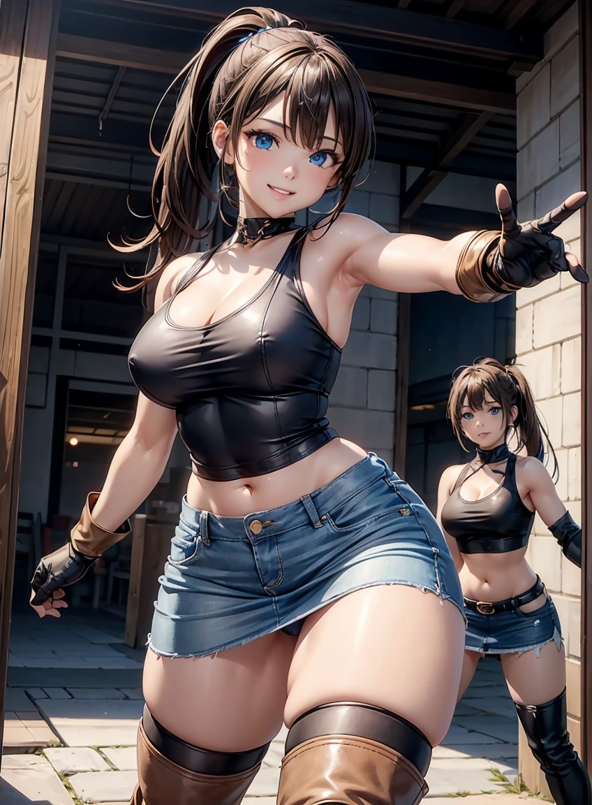 beautiful features、Japanese、brown hair、((ponytail、deep blue eyes:1.2))、shiny smooth hair, thick bangs、(bright smile:1.2), ((Image Processing Algorithms:1.2))、highly detailed eyes, highest quality, ultra hd, HDR, Beautiful and vivid illustrations、high contrast、Tonal correction、Ultra-realistic oily and glossy skin, super fine, High resolution CG Unity 8K wallpaper, Raw photo, precise fingers, anatomically correct,exposing belly、attractive thighs、sleeveless jacket、Tank top、Denim pencil skirt、knee high boots、leather gloves、fighting game characters、bold pose、from below、