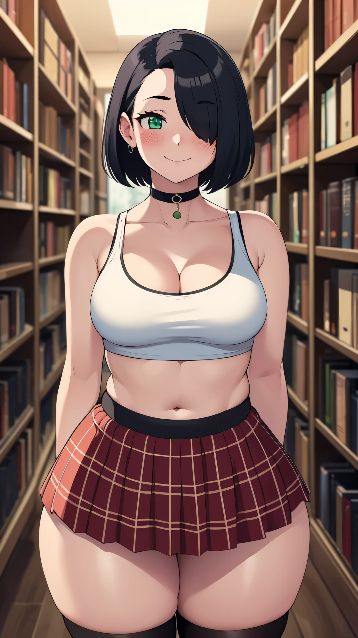 ((highres)), Masterpiece, high quality, best quality, beautiful, perfect lighting, detailed face, ultra cute face, cowboy shot, ((1girl)), ((solo)),
Short hair, fluffy hair, black hair, hair covers one eye, green eyes, goth girl, ((blush)), shy, nervous smile arms behind back, choker, black crop top, (plaid short skirt), thigh highs, ((thick thighs)), wide hips, cleavage, medium breasts,
24 year old female, standing in a library, (library)