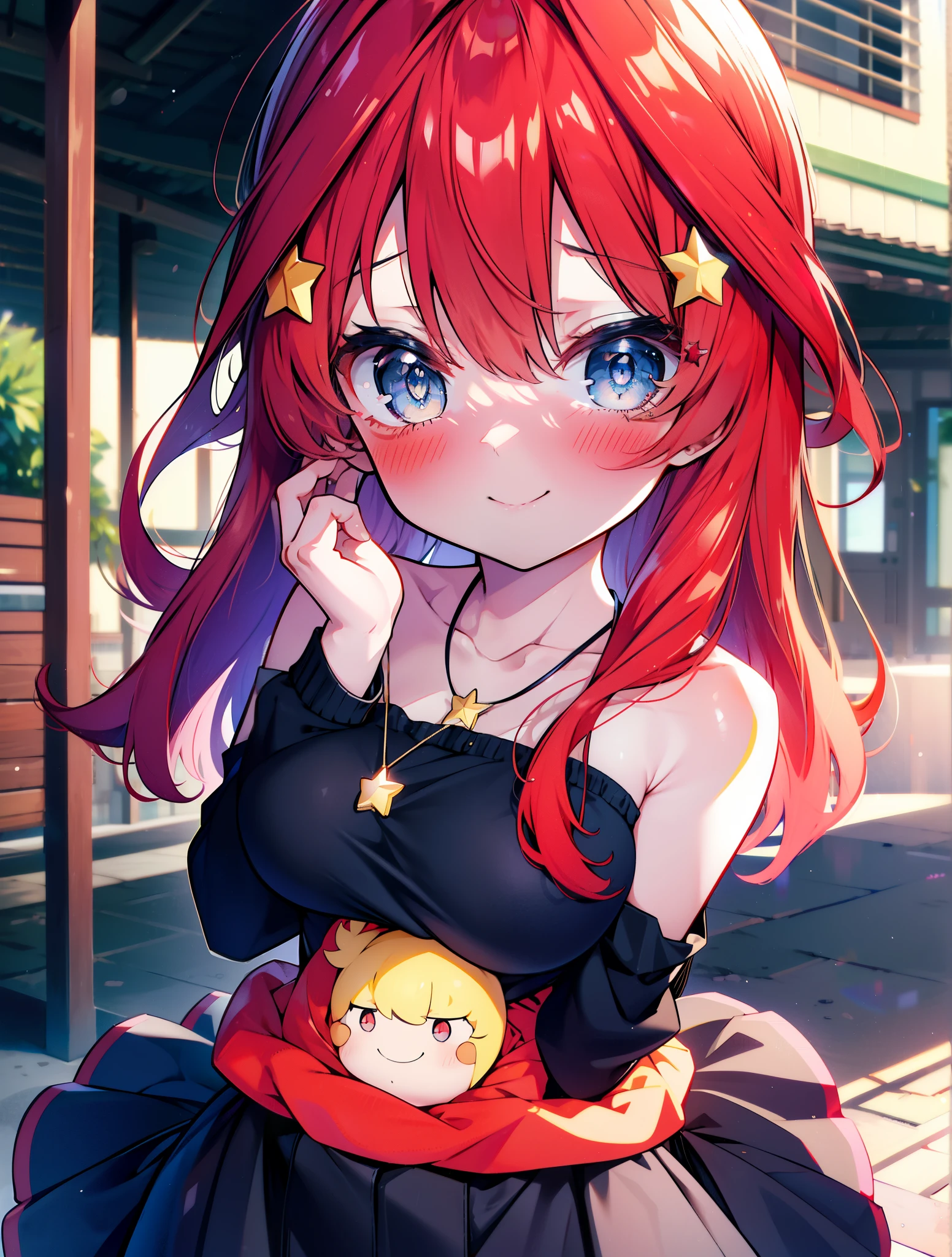 itsukinakano, itsuki nakano, bangs, blue eyes, hair between eyes, Ahoge, redhead, star \(symbol\happy smile, smile, open your mouth,embarrassing,blush, hair ornaments, star hair ornaments,red off shoulder sweater, shoulders, clavicle, neck,Heart Pendant Necklace,Black long skirt,Mini Boots,whole bodyがイラストに入るように,There are many shops,noon,Light of the sun,晴
break outdoors, station,square,
break looking at viewer,whole body (cowboy shot:1.5),
break (masterpiece:1.2), highest quality, High resolution, unity 8k wallpaper, (shape:0.8), (fine and beautiful eyes:1.6), highly detailed face, perfect lighting, Very detailed CG, (perfect hands, perfect ),
