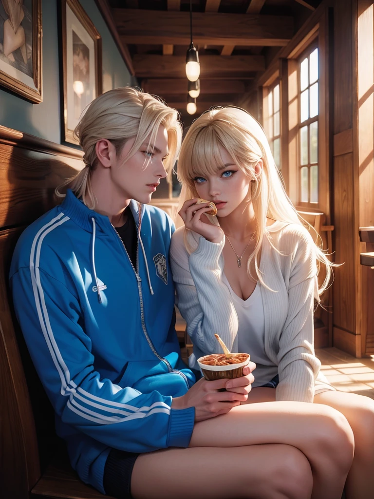 A handsome tall statuesque masculine man platinum blonde with long white hair and blue eyes, dressed in a tracksuit, is sitting on the floor next to an incredibly beautiful young femme fatale, she has blue eyes, long golden hair gathered in a bun, long bangs, they are eating pizza, having fun. Masterpiece, 8k. full-length image, realistic image, detailed image. an extremely detailed illustration, a real masterpiece, of the highest quality, with careful drawing. shading with shadows. beautiful pose, full-length detailed image, 8k, realistic image, dynamic image, detailed image. an extremely detailed illustration, a real masterpiece, of the highest quality, with careful drawing.