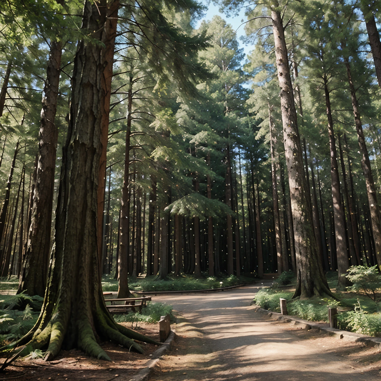 enchanted forest, the trees are so tall and there is a water color blue and there is animals