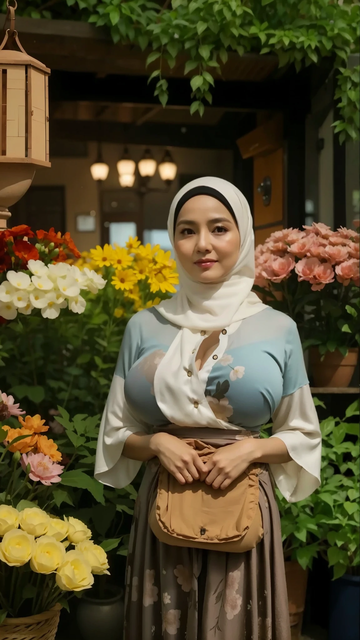 50 years Old, Hijab Indonesian mature woman, Big Tits : 66.9, Gamis, Breast out from her clothes : 1.9, at doctor office, Dark light, at Nighttime